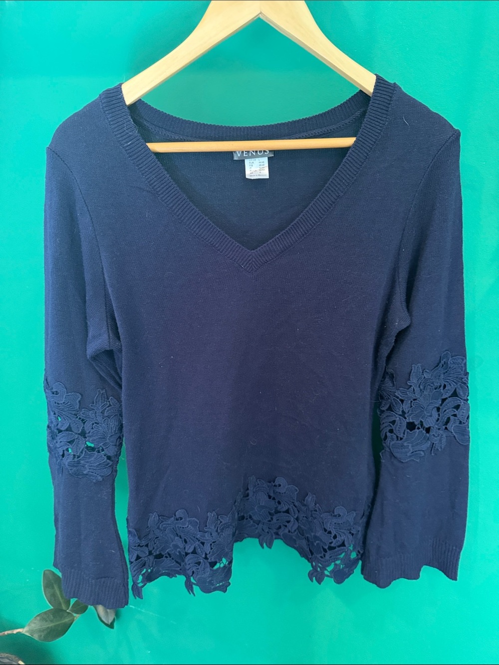VENUS Navy V-Neck Sweater with Floral Lace Accents